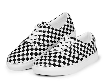 Black And White Checkered Lace-Up Canvas Shoes Men's, All Over Print Low-Top Sneakers, Men’s Fashion Comfortable Shoes, Streetwear Shoes