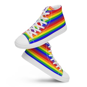 Women&#39;s Rainbow Heart Print Pride Flag Sneakers, Lace Up High Top Canvas Shoes, Lesbian Pride Shoes, Festival Pride Month, LGBTQ Shoes Gifts