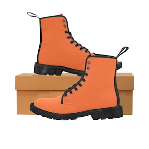 Solid Orange Canvas Boots Women, Casual Colorful High Top Boots, Streetwear Aesthetic Boots, Luxury Lace-Up Hiking Boots, All Over Print