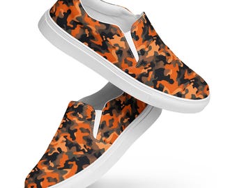 Camouflage Mens Canvas Shoes, Orange Camo Low-Top Canvas Sneakers, Rave Party Shoes, Designer Footwear, Comfy Slip-On Shoes, Gifts for Him