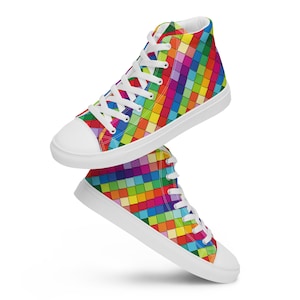 Men&#39;s Rainbow Pride Canvas Sneakers, Rainbow Checkered Lace Up High Top Sneakers, Gay Pride Flag Shoes, Cute Funky Shoes, LGBTQ Gift for him