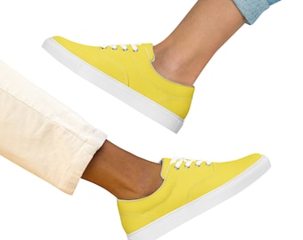 Solid Yellow Canvas Shoes Women, Trendy Casual Lace-up Shoes