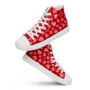 Pink Red Hearts Love Printed Canvas Shoes, Lace Up High Top Womens Sneakers, Fashion Sneakers, Trendy Aesthetic Shoes, Valentine&#39;s Day Gifts