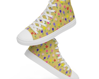 Tulip Flowers Print Sneakers Men, High-Top Converse Sneakers, Floral Pattern Shoes, Lace-Up Nature Them Sneakers, Flowers Lover Gift for Him