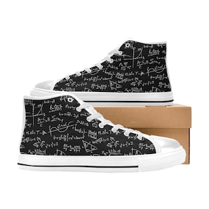 May include: High-top canvas sneakers with a black background covered in white mathematical equations and diagrams. The shoes have white laces, a white rubber sole, and a white toe cap. The shoes are new and unworn.