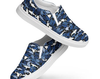 Shark Camo Slip-On Canvas Shoes For Men, Camouflage Canvas Sneakers Shoes, Comfortable Aesthetic Summer Shoes, Nautical Shoes, Gifts for Him