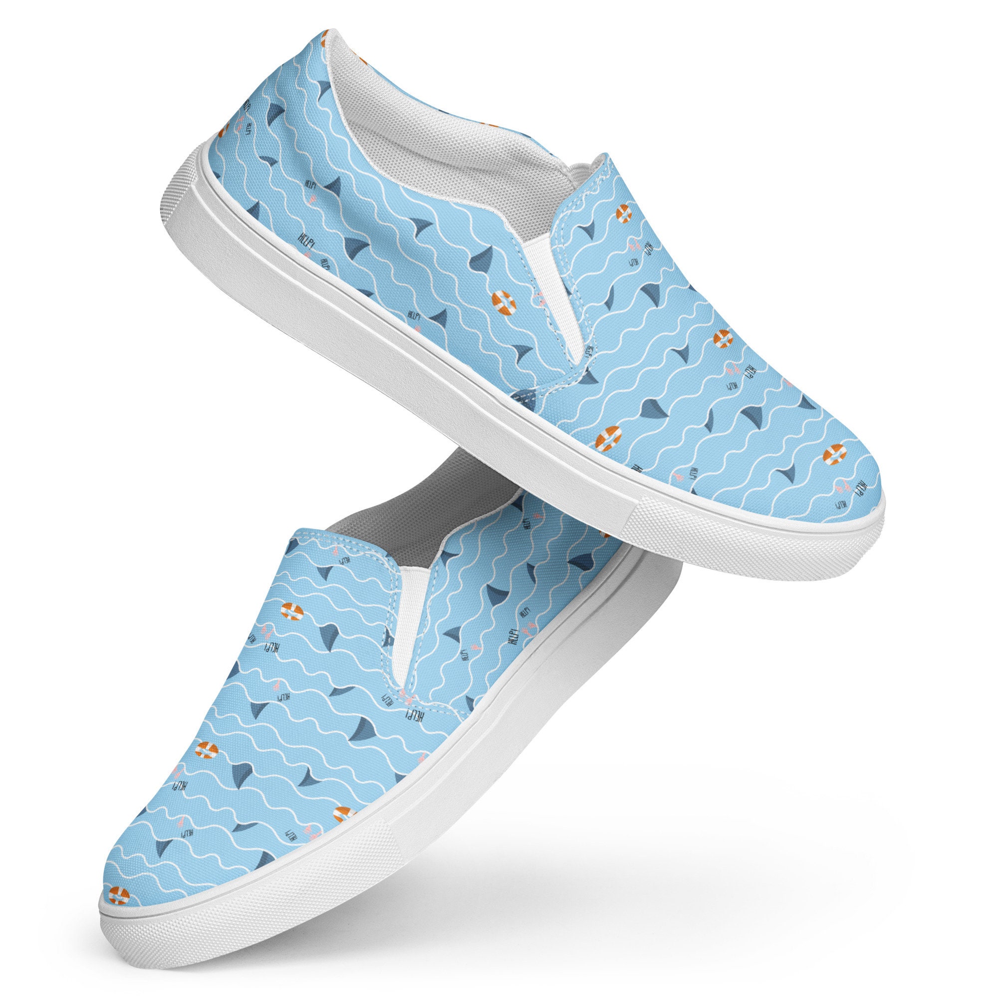 Shark Printed Mens Canvas Shoes, Ocean Beach Slip-on Shoes  display picture 1