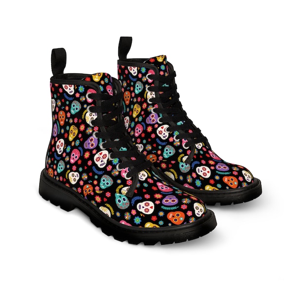 Sugar Skulls Canvas Boots Women, Day of the Dead All Over Print High Top Shoes, Fashion Footwear Shoes, Casual Comfortable Shoes, Goth Boots