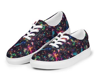 Rainbow Galaxy Printed Lace-Up Canvas Shoes Mens, All over Print Universe Low Top Sneakers, Men’s Fashion Comfortable Shoes, Streetwear Shoe