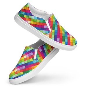 Rainbow Checks LGBTQ Canvas Shoes Women, Gay Lesbian Streetwear Slip-On Shoes, LGBTQ Rainbow Flag Low Top Canvas Sneaker Shoes, LGBTQ Gifts