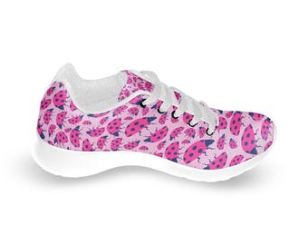 Pink Ladybugs Print Kids Sneakers, Casual Everyday Running Walking Shoes for Kids, Street Style Stylish Athletic Sneaker, 14-26 Day Delivery