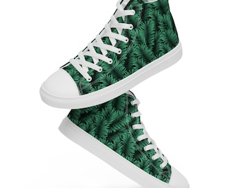 Fern Plant Leaves Printed Men's High-Top Canvas Shoes, Botanical Converse Style Lace-Up Comfy Shoes, Designer Aesthetic Shoes, Men's Fashion