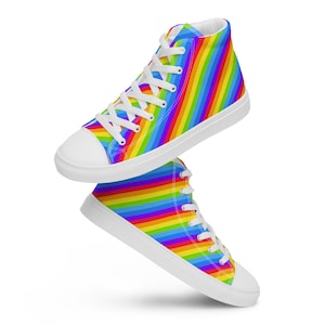 Women&#39;s Rainbow Heart Print Pride Flag Sneakers, Lace Up High Top Canvas Shoes, Lesbian Pride Shoes, Festival Pride Month, LGBTQ Shoes Gifts