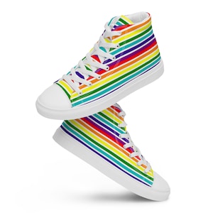 Men&#39;s Rainbow Pride Canvas Sneakers, Rainbow Striped Lace Up High Top Sneakers, Gay Pride Flag Shoes, Cute Funky Shoes, LGBTQ Gift for him