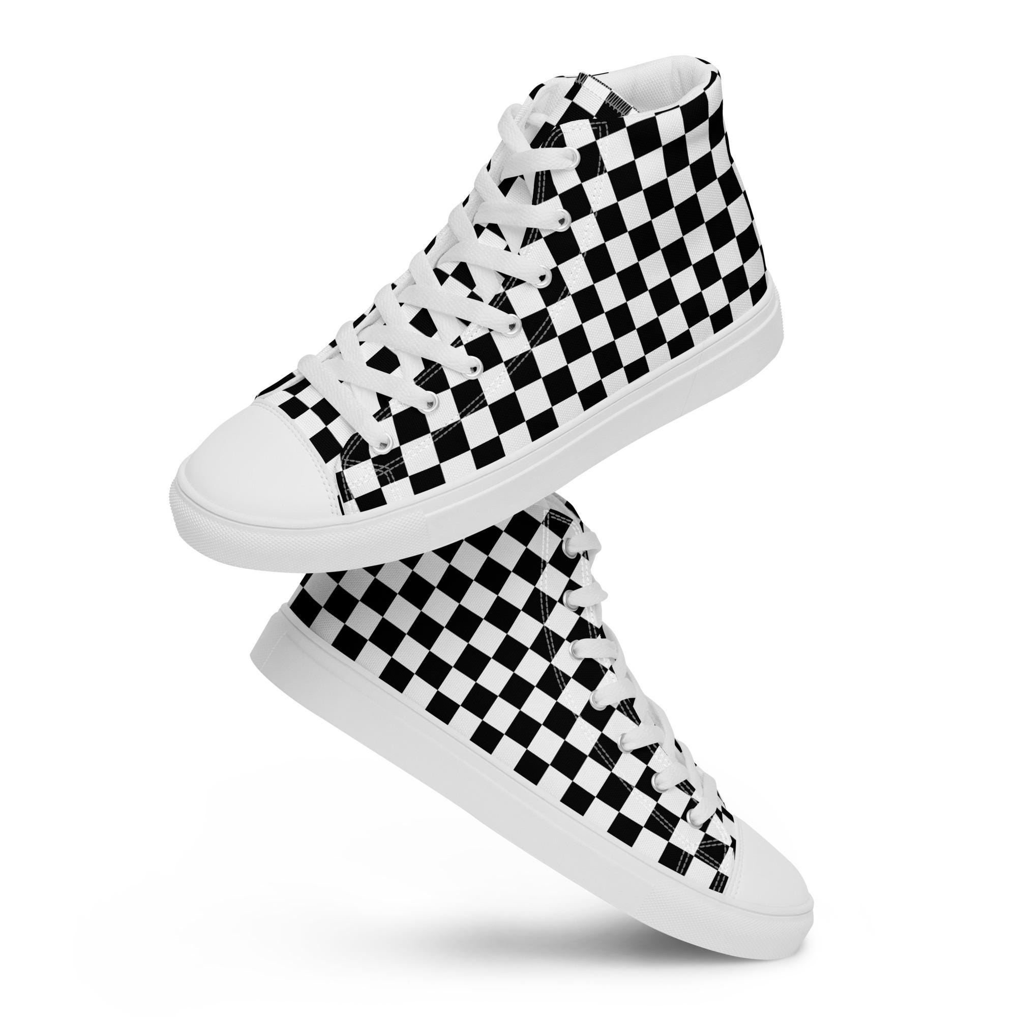 Black and White Checkered Printed Men's High-top Canvas Shoes