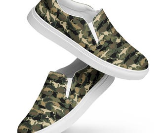 Shark Camo Slip-On Canvas Shoes For Men, Camouflage Canvas Sneakers Shoes, Comfortable Aesthetic Summer Shoes, Nautical Shoes, Gifts for Him