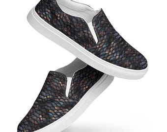 Dragon Scales Printed Canvas Shoes Mens, Summer Beach Shoes, Slip on Low Top Canvas Sneakers Shoes, Dragon Lover Gift For Him, Fashion Shoes