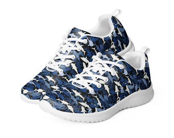Shark Camo Printed Men&#39;s Athletic Gym Shoes, Casual Comfy Lace-Up Fashion Sneakers, All Over Print Nautical Breathable Camouflage Gym Shoes