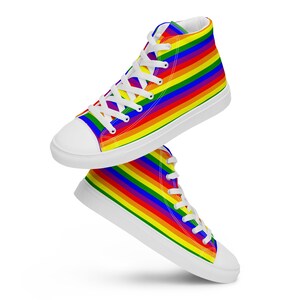 Men&#39;s Rainbow Pride Canvas Sneakers, Rainbow Striped Lace Up High Top Sneakers, Gay Pride Flag Shoes, Cute Funky Shoes, LGBTQ Gift for him