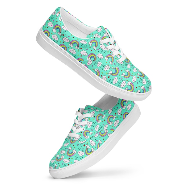 Rainbows and Raindrops AOP Shoes Women, Low-Top Lace-Up Fashion Designer Shoes, Cozy Canvas Teal Sneaker Shoes, Weather Lover Gift for Her