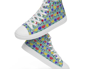Tulip Flowers Print Sneakers Men, High-Top Converse Sneakers, Floral Pattern Shoes, Lace-Up Nature Them Sneakers, Flowers Lover Gift for Him