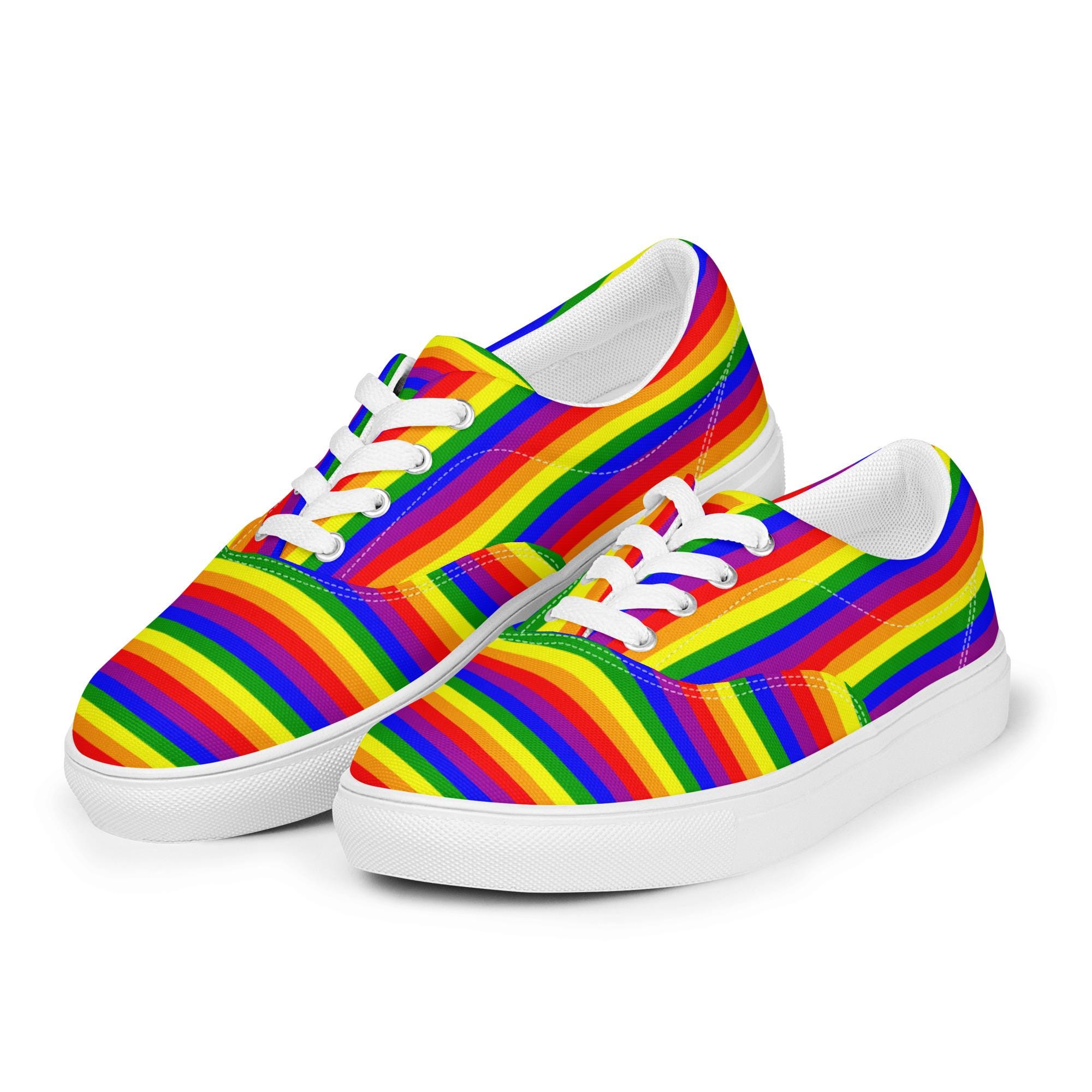 Rainbow Striped Mens Canvas Shoes, Gay LGBTQ Pride Low Top Canvas Sneakers Shoes, Comfortable Slip on Shoes, All over Print, LGBTQ Gifts