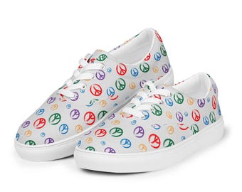 Peace Signs Printed Lace-Up Canvas Shoes Mens, All over Print Low Top Sneakers, Men’s Fashion Comfortable Shoes, Boho Streetwear Shoes