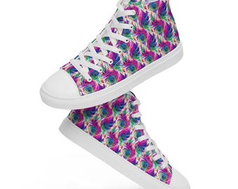 Peacock Feathers Printed Canvas Shoes, High-Top Lace-Up Bird Sneakers, Casual Beach Canvas, Fashion Shoes, Peacock Lover Gift for Him