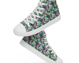 Peacock Feathers Printed Canvas Shoes, High-Top Lace-Up Bird Sneakers, Casual Beach Canvas, Fashion Shoes, Peacock Lover Gift for Him