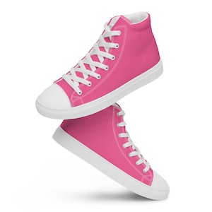 Solid Bubble Gum Pink Printed Men&#39;s High Top Sneakers, Cotton Candy Pink Lace Up Converse Style Shoes, Trendy Cool Shoes, Pink Gifts for Him