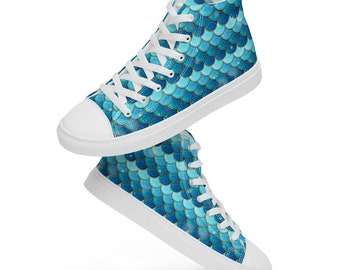 Mermaid Scales Printed Canvas Shoes, Lace Up High Top Men's Marine Life Sneakers, Nautical Ocean Fashion Sneakers, Mermaid Lover Gifts