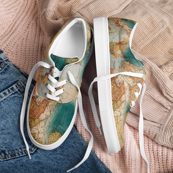 World Map Printed Mens Canvas Shoes, Geography Travel AOP Canvas