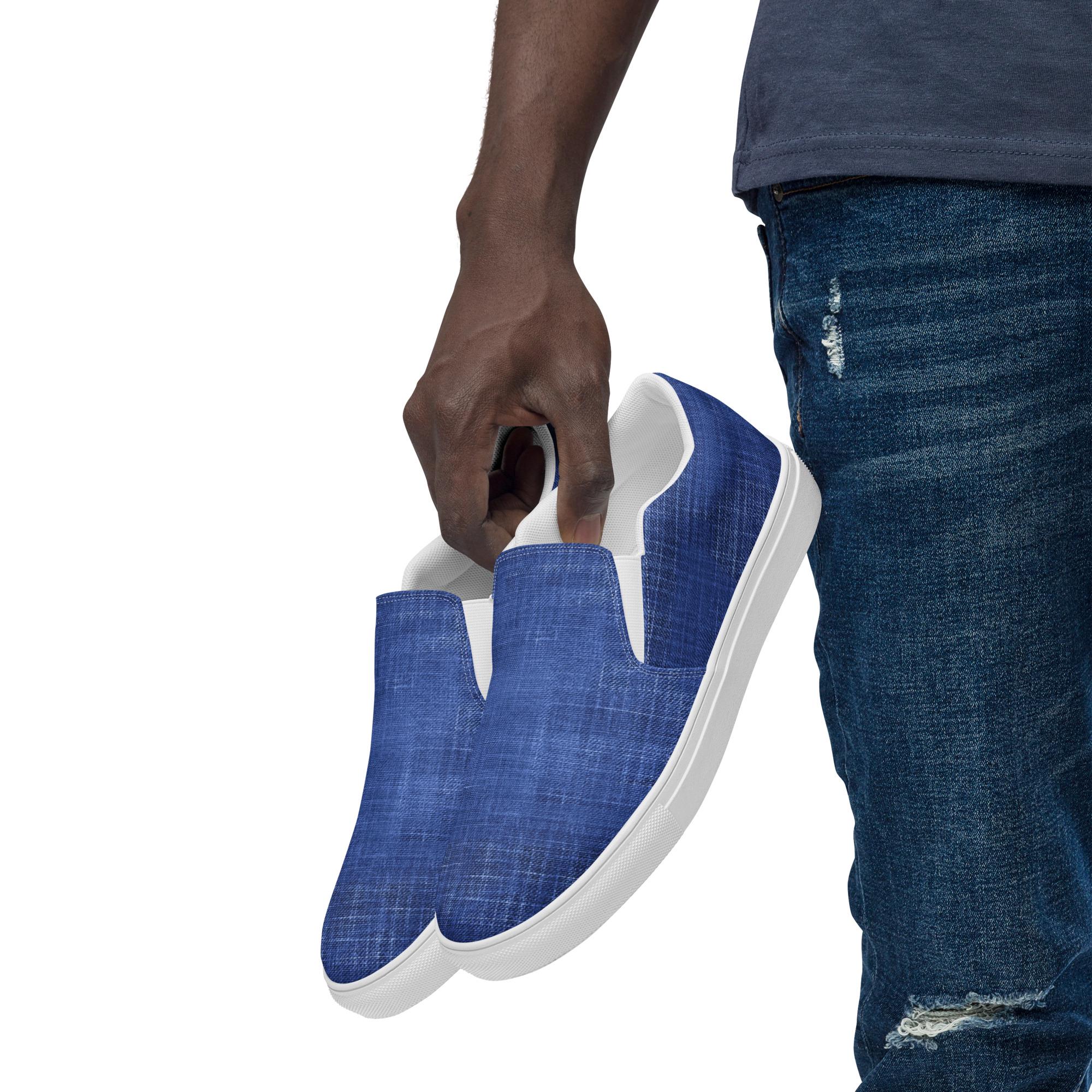 Blue Jeans Patterned Canvas Shoes Mens, AOP Streetwear Slip  display picture 1