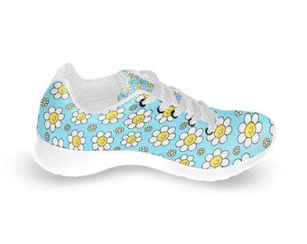 Smiley Face Flowers Kids Sneakers, Floral Print Comfy Fashion Shoes, Cool Durable Sneakers for Active Kids, 14-26 Day Delivery