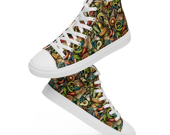 Mexican Fiesta Printed High-Top Sneakers Women, Unique  Lace-Up Converse Style Sneaker Shoes, Trendy Stylish Comfy Everyday Streetwear Shoes