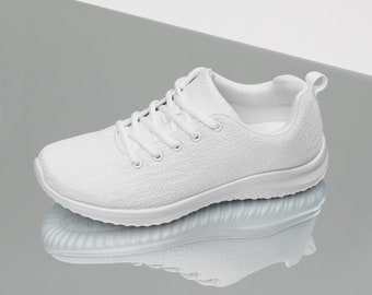 Solid White Women's Athletic Shoes, Stylish Workout Gym Shoes, Soft Cushy Breathable Gym Shoes, Lace-Up Fashion Sneakers, Gift for Her
