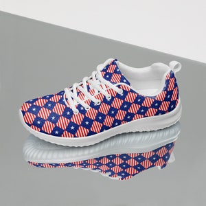 USA Flag Patriotic Womens Athletic Shoes, 4th of July Gift for Her, Casual Lace-Up Fashion Sneakers, Lightweight Breathable Gym Workout Shoe