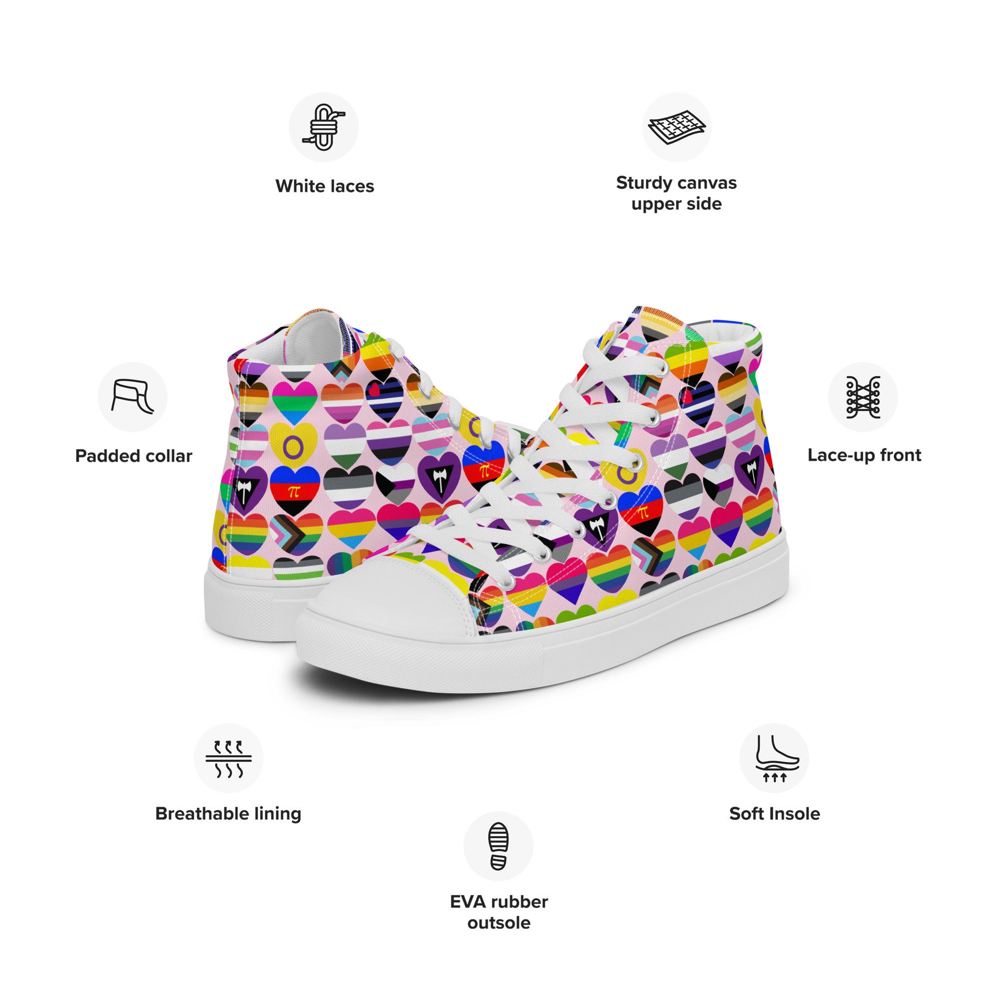 LGBTQ Gay Pride Flags Hearts Printed High-top Sneakers Women, Rainbow ...