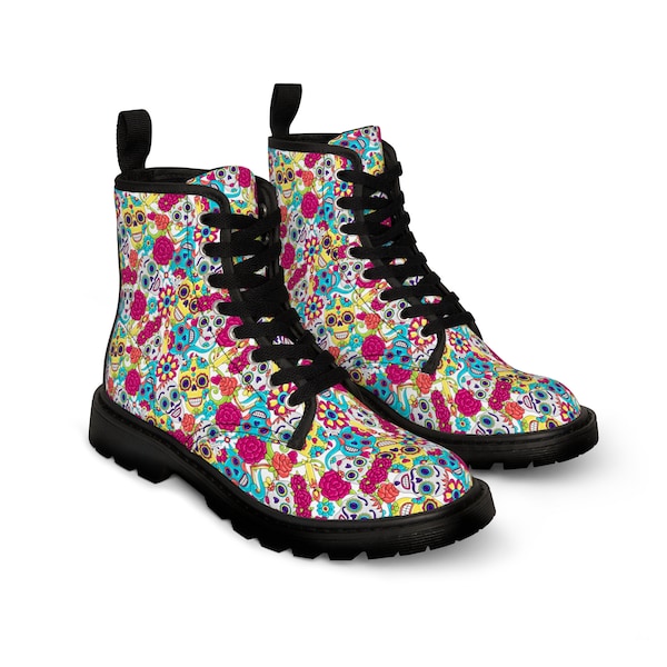 Sugar Skulls Canvas Boots Women, Day of the Dead All Over Print High Top Shoes, Fashion Footwear Shoes, Casual Comfortable Shoes, Goth Boots