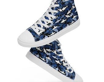 Shark Camo Printed High-Top Canvas Shoes Men, All Over Print Nautical Camouflage Patterned Shoes, Comfy Stylish Colorful Lace-Up Sneakers