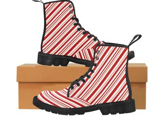 Candy Cane Striped Canvas Boots Women, Luxury Christmas Holiday Boots, Festival Fashion High Top Boots, Aesthetic Boots, Christmas Gifts