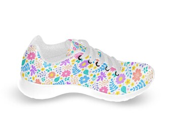 Colorful Flower Kids Sneakers, Floral Print Comfy Fashion Shoes, Cool Durable Sneakers for Active Kids, 14-26 Day Delivery