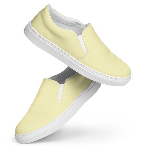 Solid Pastel Yellow Printed Men's Canvas Shoes, Light Yellow Slip
