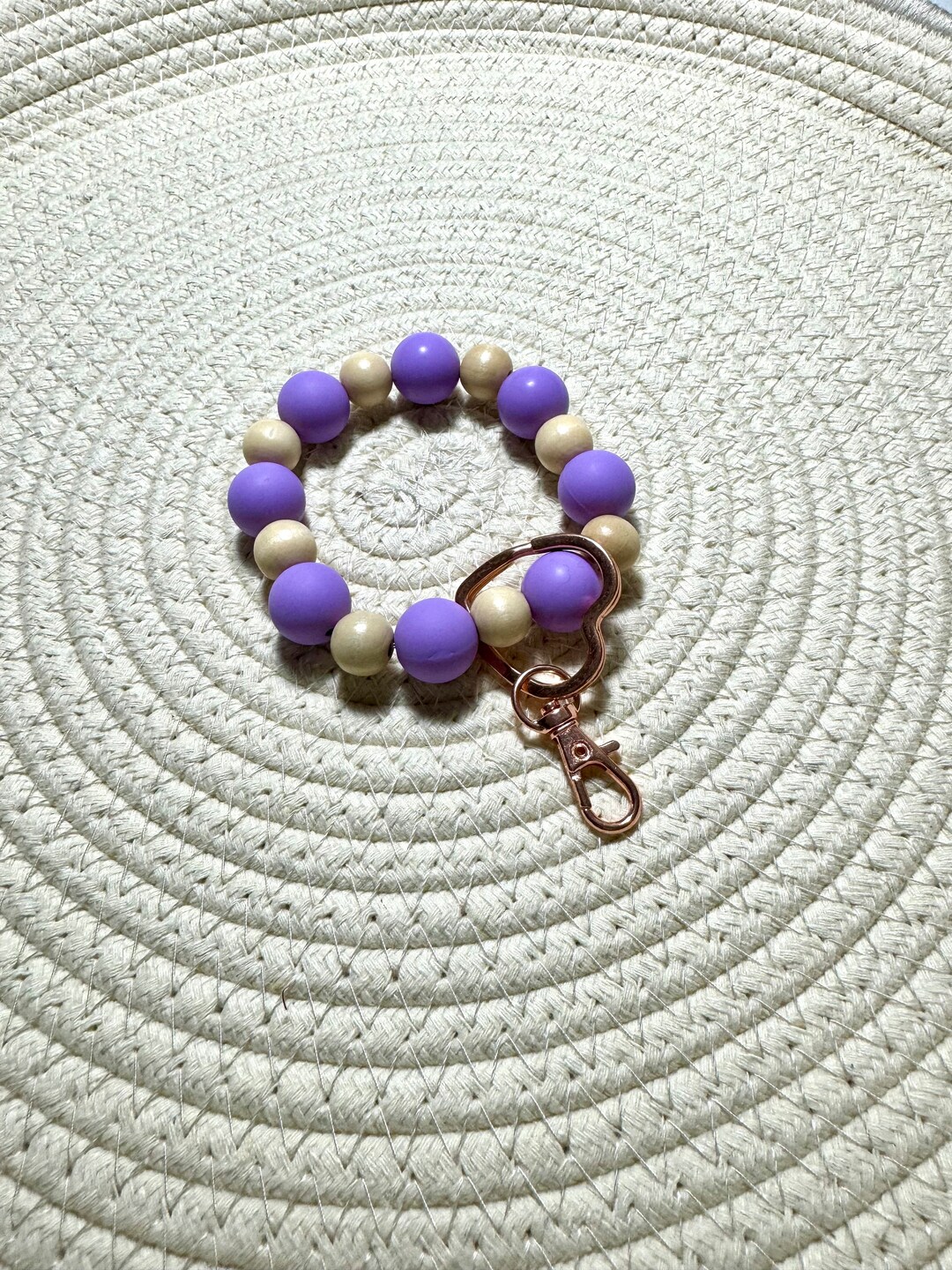 PURPLE Beaded Wristlet Keychain, Silicone Wristlet, Bracelet Key Ring ...
