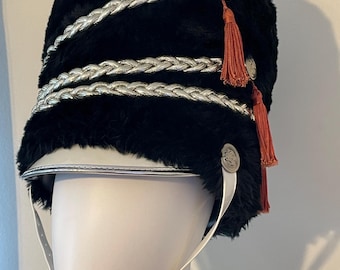 Vintage 80s 90s Shako Master Faux Fur Marching Band Busby Hat | Black & Silver Lyre Detail Orange Tassels Parade Costume Festival