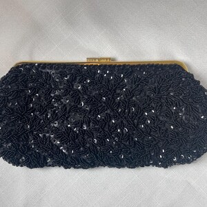 Vintage 50s 60s Black Hand-Beaded Gold Frame Evening Bag - Made in Hong Kong