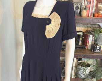 Vintage 1940s Navy Rayon Crepe Dress Lace Trim Fan Accent Metal Zipper Medium
