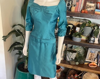 Vintage 50s 60s DonMiguel California Blue Luminous Wiggle Dress Metal Zip Size XS- Small