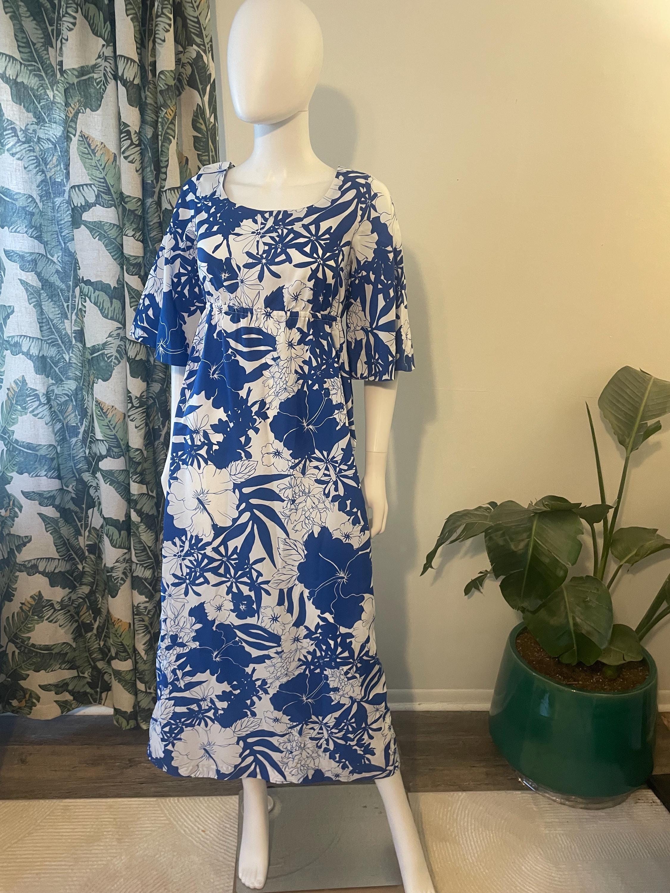 blue and white hawaiian dress Vintage 70s Pomare Hawaii Maxi - Empire Waist Psychedelic Floral Gown Boyut:M The Nalani Hawaiian Dress Style SKU: F-DRS-OXF-SHRT-SS WILLOW SWEATER DRESS