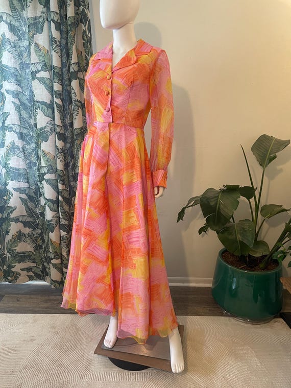 60s flowy dress Vintage 70s Maxi Sunset Colors Abstract Pink Yellow Orange Small A line wedding dresses